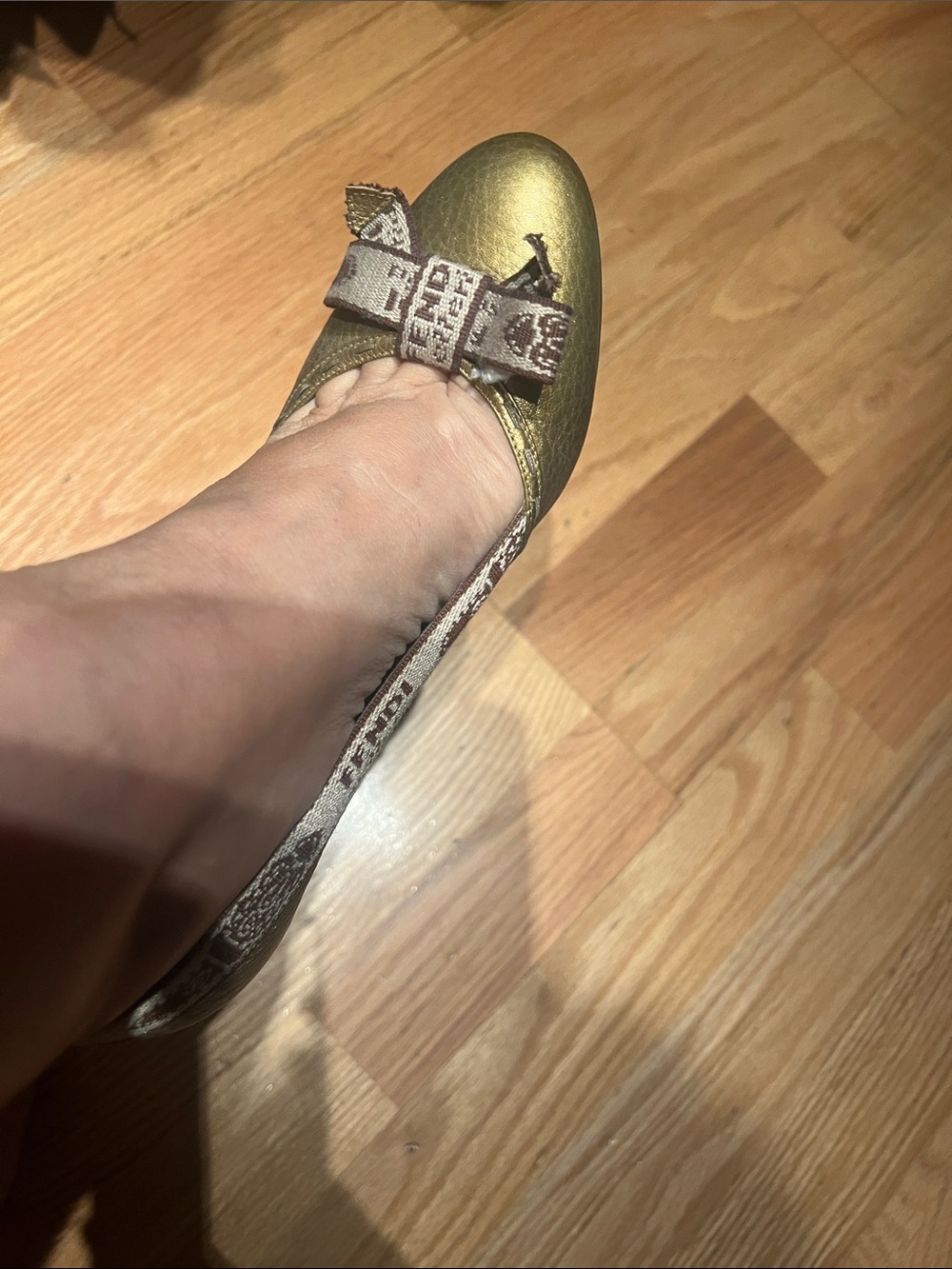 Fendi Metallic Gold Logo Bow Ballet Flat